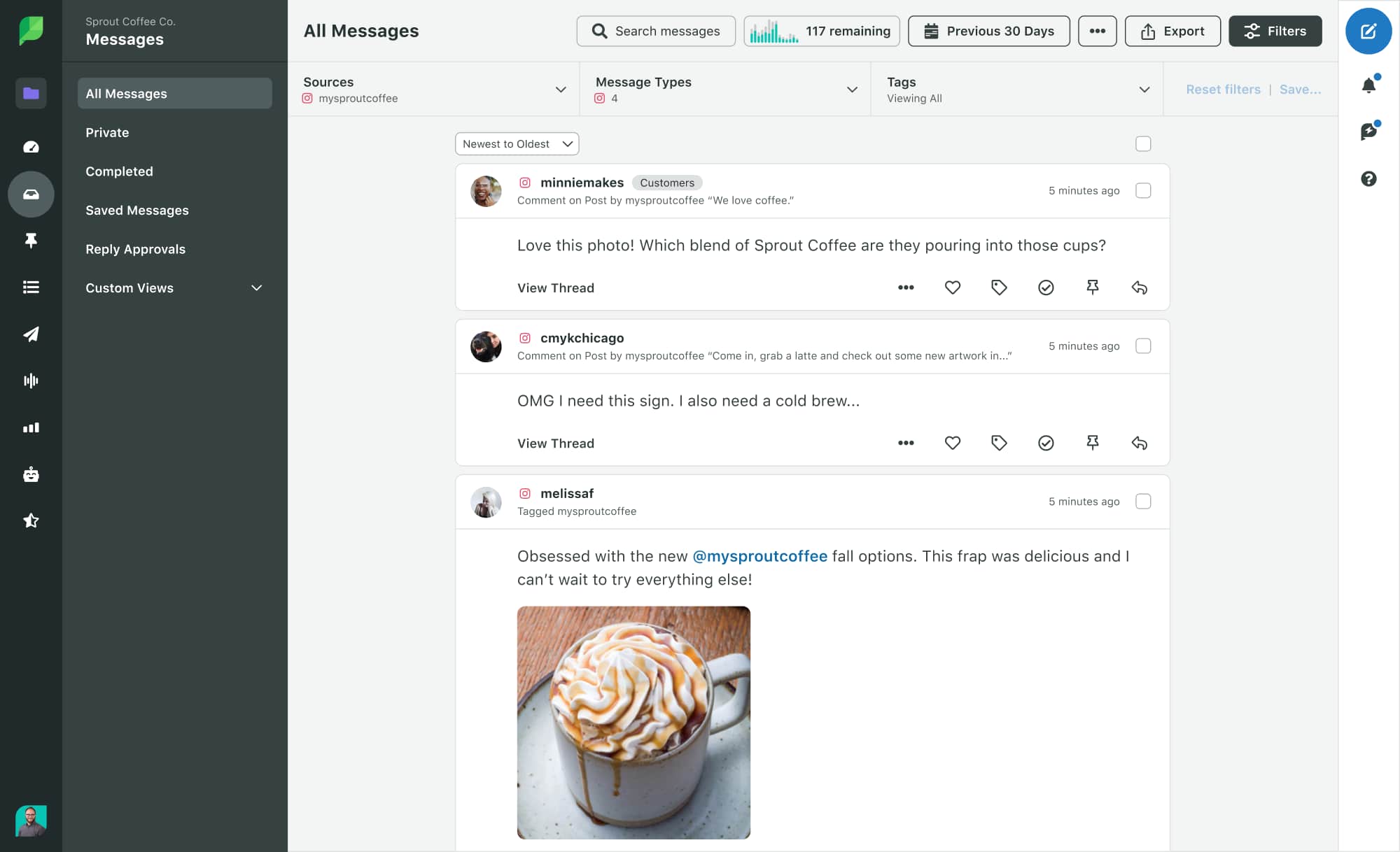 Sprout Social Smart Inbox showing a list of comments and brand mentions on Instagram