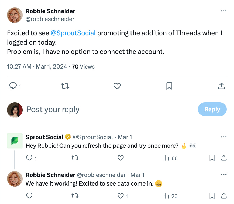 An X Post that shows a conversation between a Sprout user and Sprout Social. The general sentiment is positive.