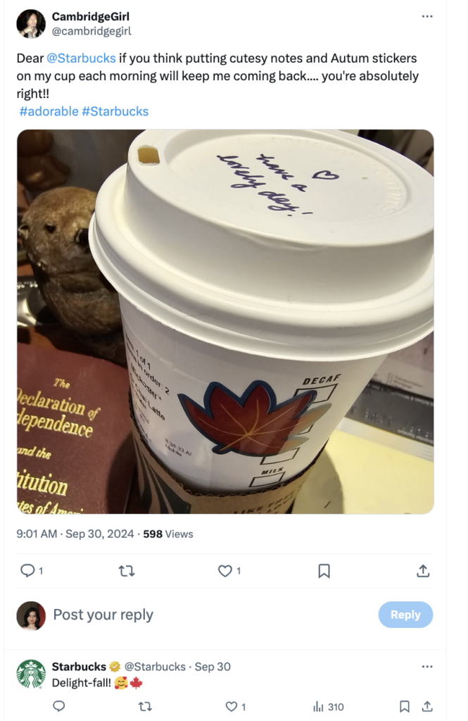 An X post from a Starbucks user that says, "Dear @Starbucks if you think putting cutesy notes and Autum stickers on my cup each morning will keep me coming back.... you're absolutely right!! #adorable #Starbucks". The post is missing overly positive words that basic sentiment analysis algorithms depend on to identify and calculate sentiment. However advanced sentiment mining through ABSA can understand such complex sentences contextually and identify aspects to spot sentiment.