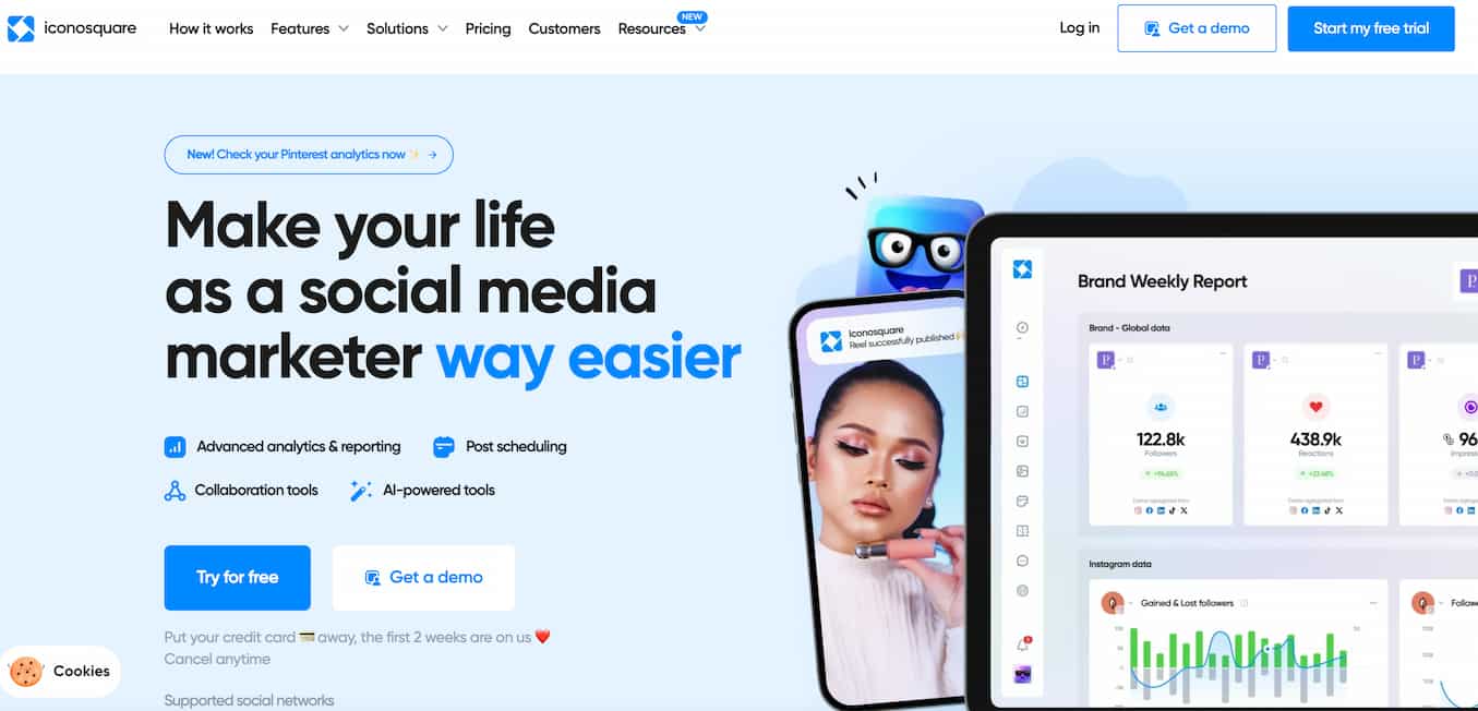 Iconosquare homepage showing the tool's dashboard next to mobile screen showing a woman wearing makeup and text that reads "make your life as a social media marketer way easier"