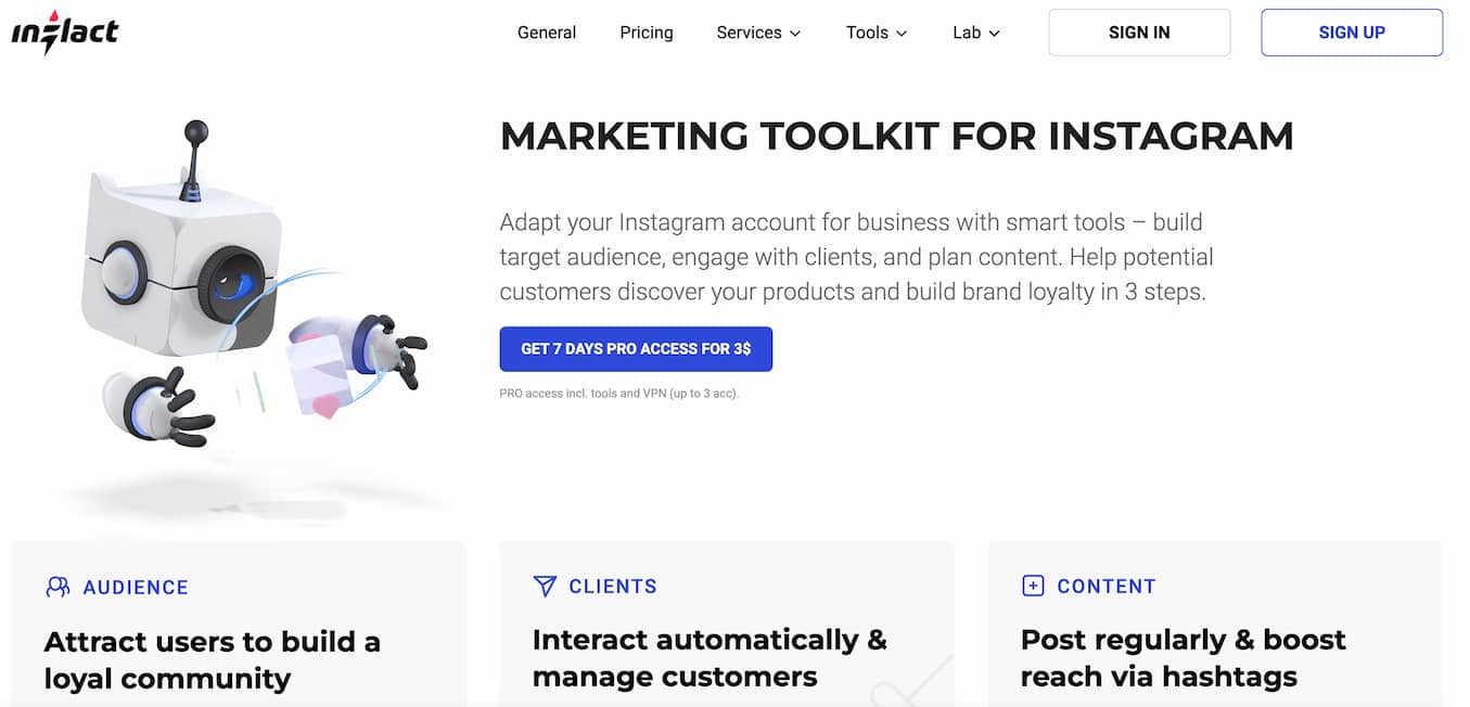 Inflact homepage showing a robot holding something and text that reads "marketing toolkit for Instagram"
