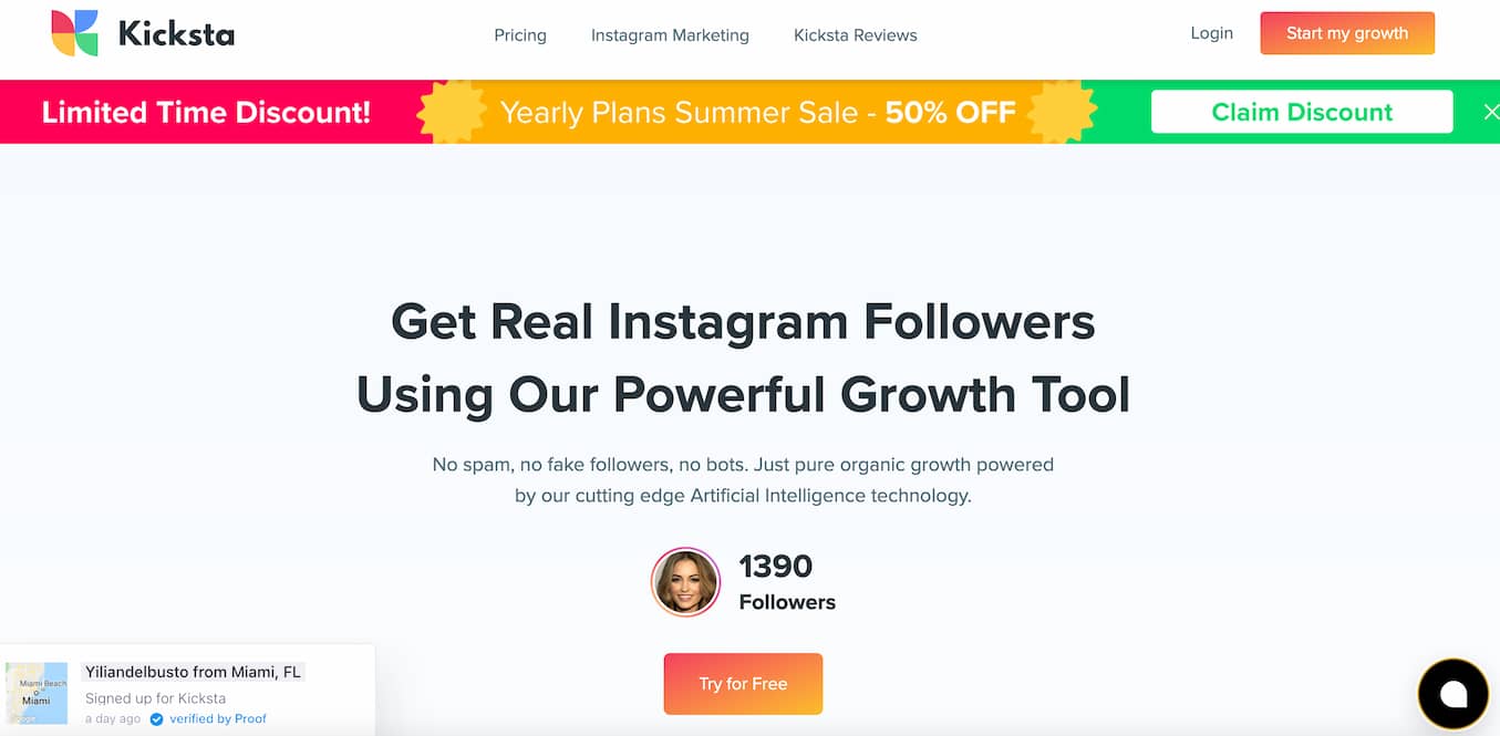 Kicksta homepage with text that reads "Get real Instagram followers using our powerful growth tool"