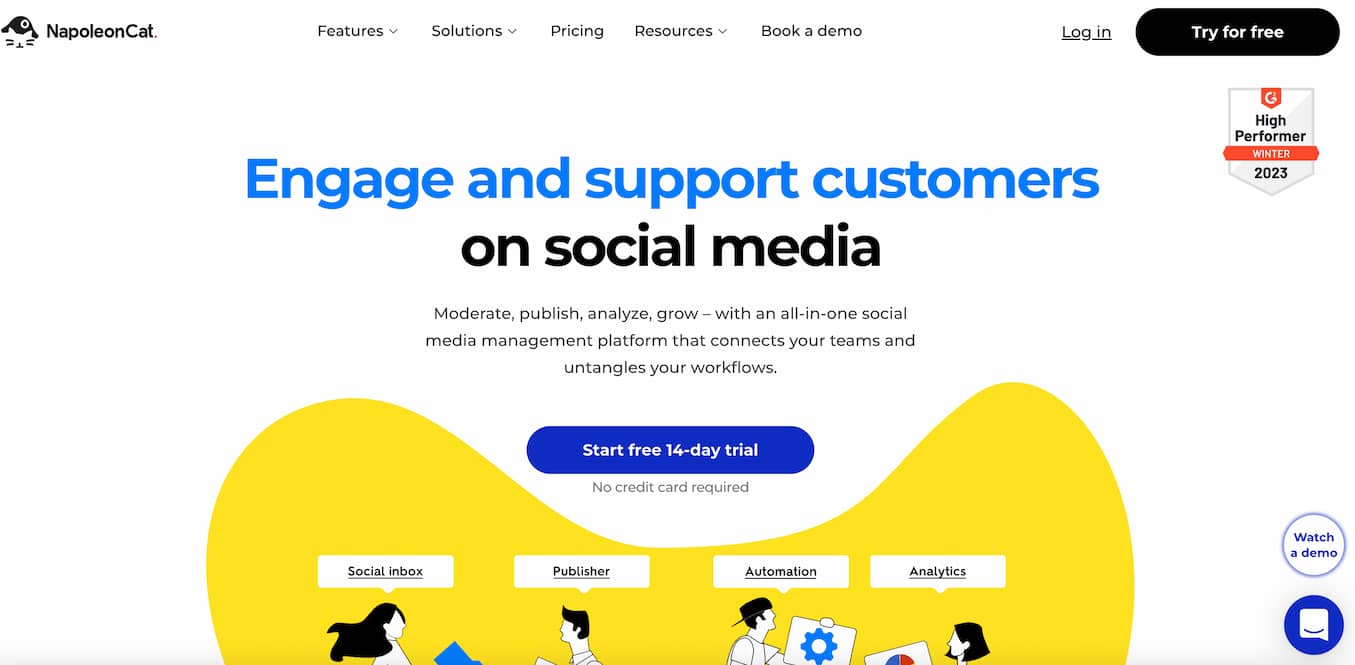 NapoleonCat homepage showing text that reads "engage and support customers on social media"