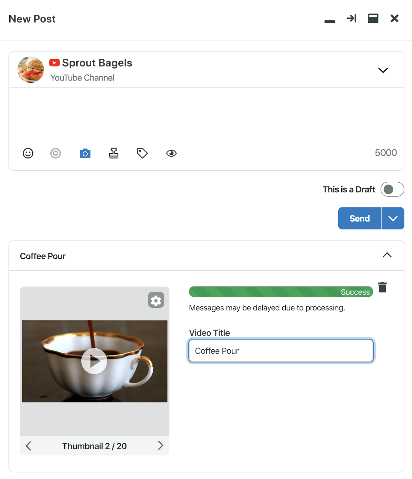 Sprout Social’s Compose box, where users can upload videos to be posted on YouTube.