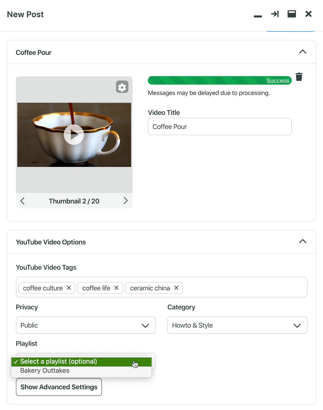 Sprout Social’s workflow for uploading a YouTube video. There's a section to choose a video title, tags, privacy settings and playlists. 