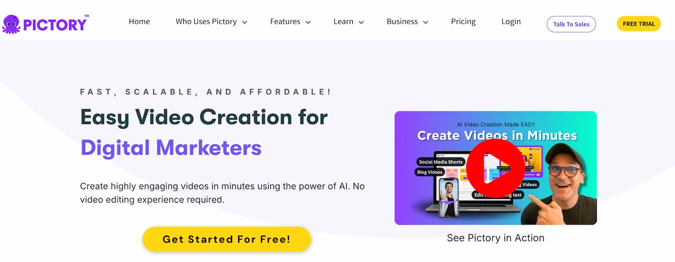 Pictory AI homepage showing a video thumbnail of a man smiling and pointing to various images of the tool in action and text that reads "easy video creation for digital marketers"