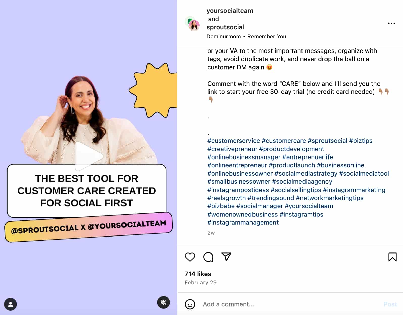 An example of a Sprout Social Reel that uses hashtags in the caption