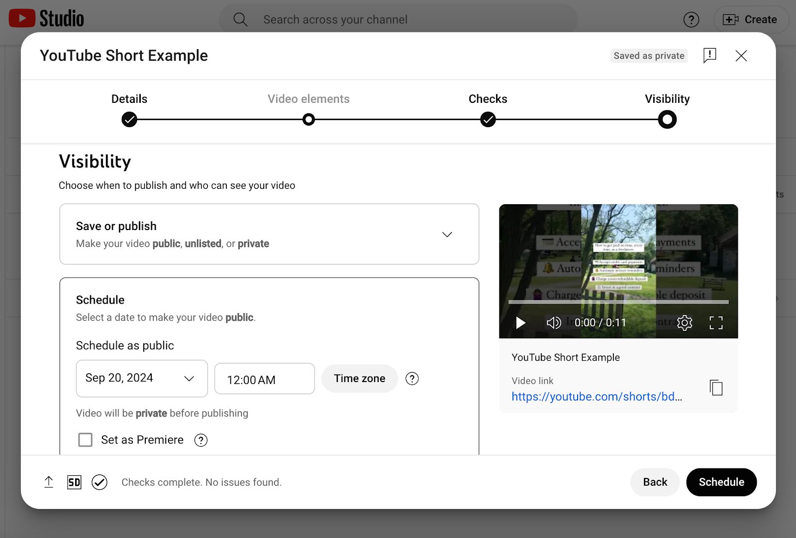 The Schedule card in YouTube Studio, where users can schedule a YouTube Short to publish at a later date. 