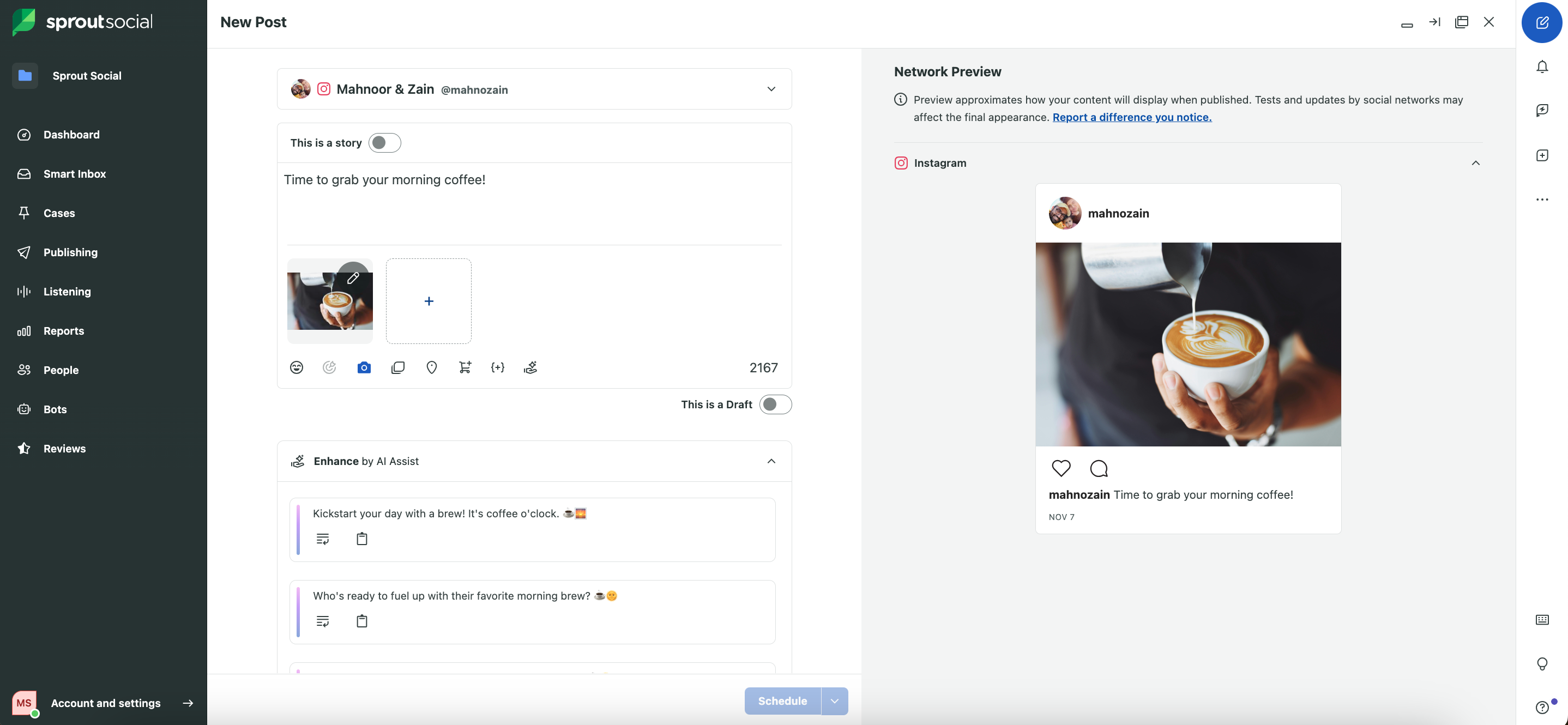 Sprout Social's Instagram compose post window with Suggestions by AI Assist