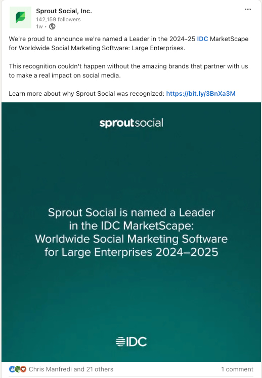 LinkedIn post by Sprout Social announcing they've been named a Leader in the 2024-25 ID MarketScape for Worldwide Social Marketing Software: Large Enterprises.