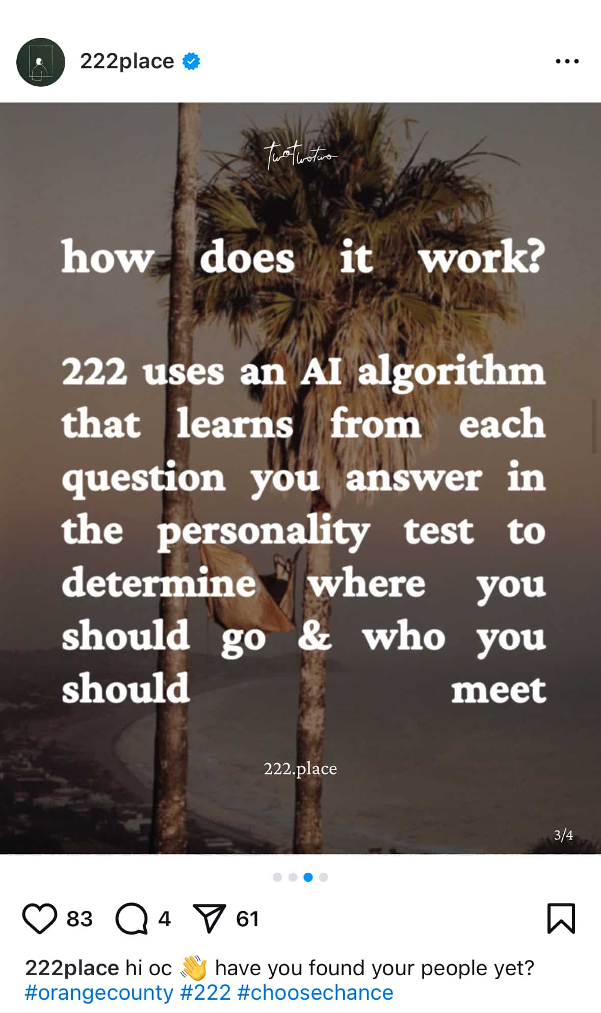 Instagram post from 222, a emerging network focused on curating experiences in real life.