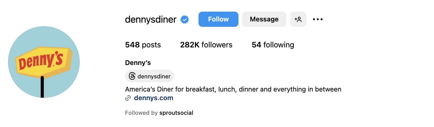 Denny's Diner Instagram bio that reads "7. America’s Diner for breakfast, lunch, dinner and everything in between."
