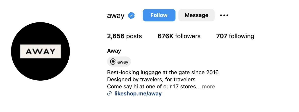 Instagram bio for Away with a custom link in bio tool that uses the brand name in the URL