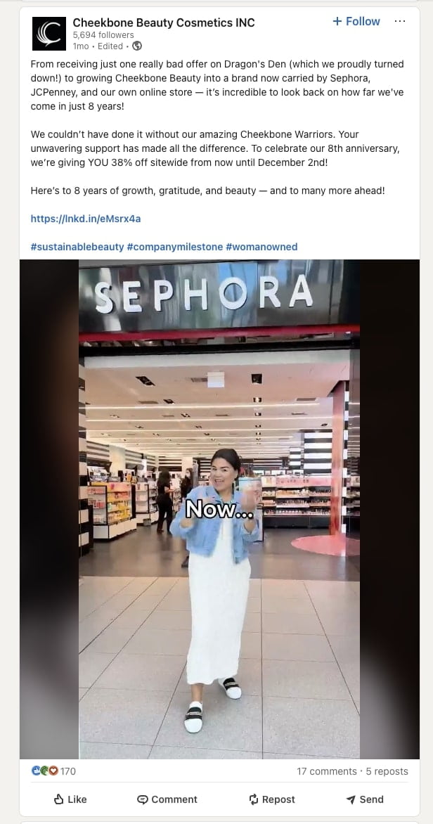 Cheekbone Beauty LinkedIn post sharing the brand's history and milestones.