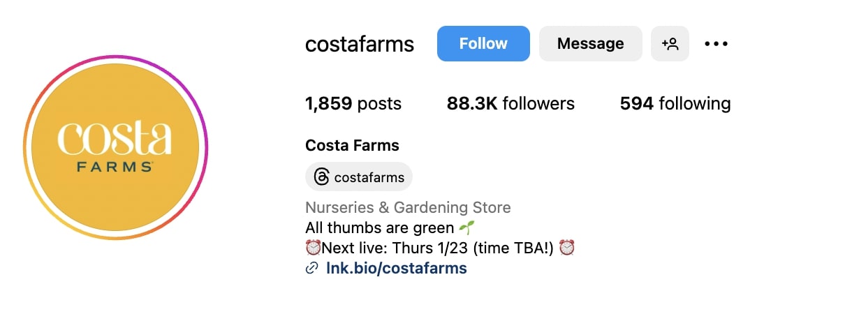Costa Farms Instagram bio with category tagged as "nurseries & gardening store"