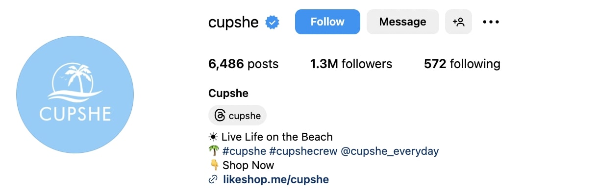 Cupshe Instagram bio that includes the hashtags #cupshe and #cupshecrew