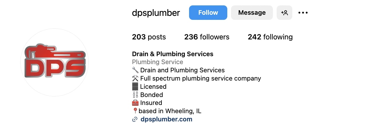 DPS Plumber Instagram bio that reads "(wrench emoji) Drain and Plumbing Services (hammer and pick emoji) Full spectrum plumbing service company (emoji with a series of horizontal lines) Licensed (chain emoji) Bonded (toolbox emoji) Insured (red pushpin emoji) based in Wheeling, IL"