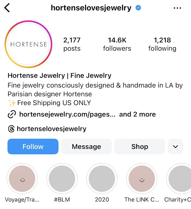 Instagram page for Hortense Jewelry with CTA buttons for "Message" and "Shop"