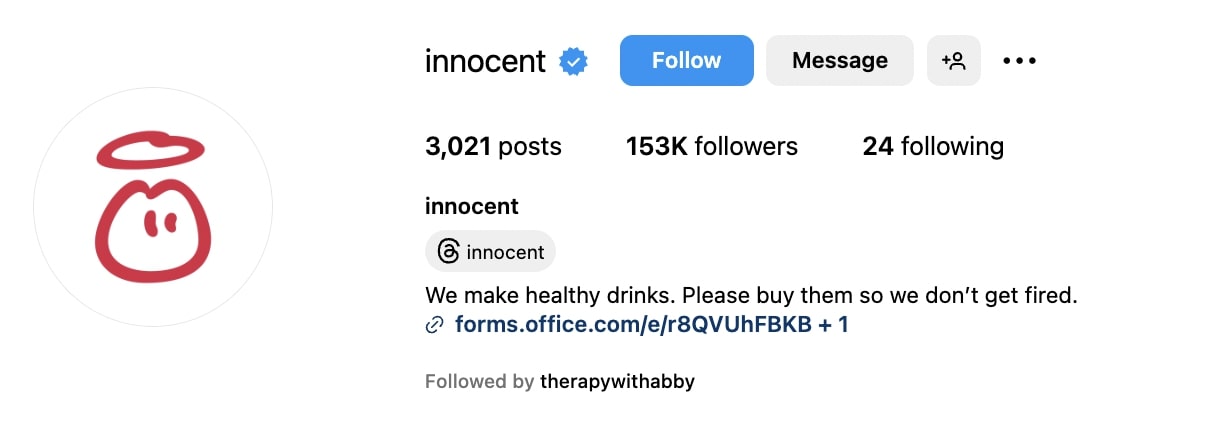 Innocent Instagram bio that reads "We make healthy drinks. Please buy them so we don't get fired."