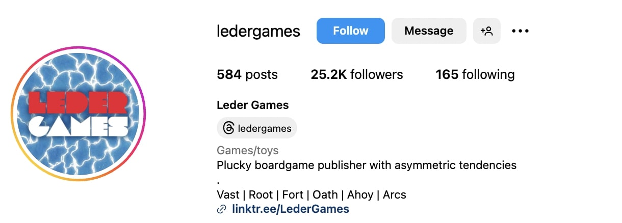Leder Games Instagram bio listing games like Vast, Root, Fort, Oath, Ahoy and Arcs separated by the vertical line symbol