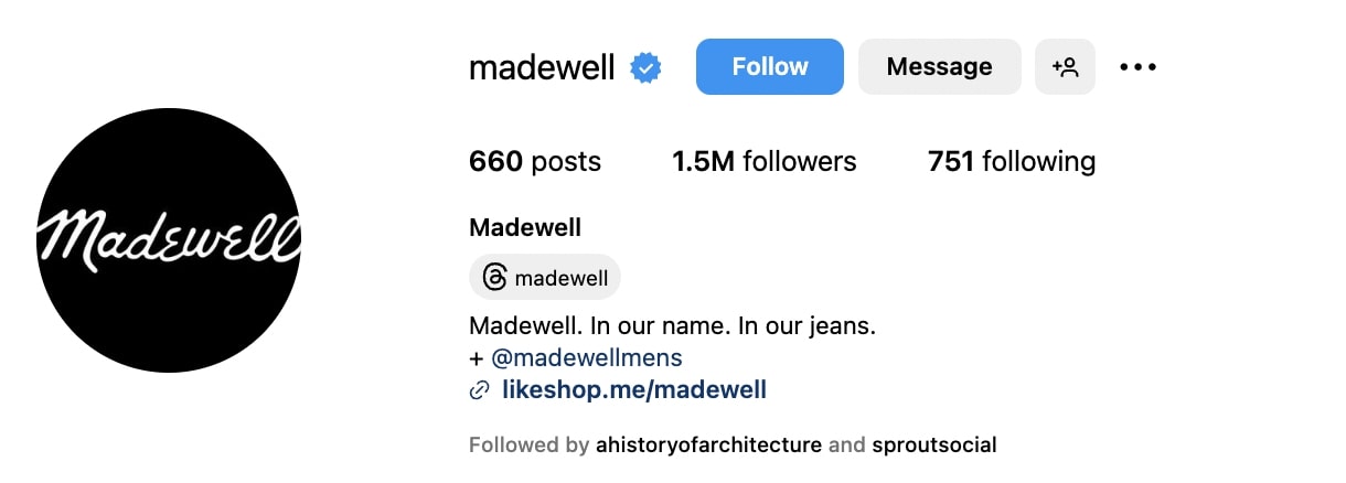 madewell Instagram bio that tags the @madewellmens account