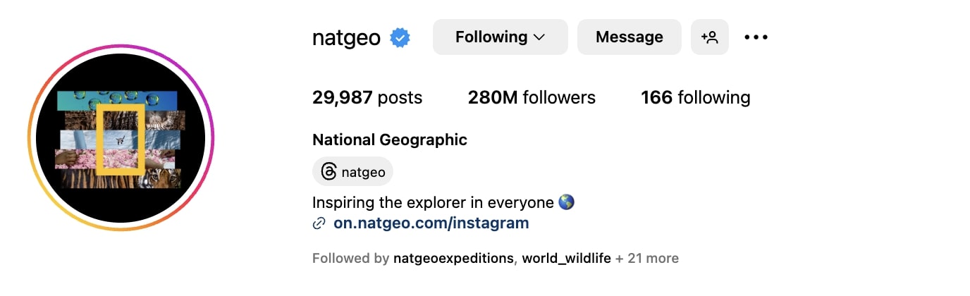 National Geographic Instagram bio section showing a profile picture with a black background and a collage of images and an overlay of the iconic yellow rectangle brand logo
