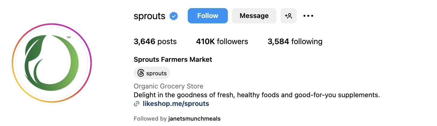 Instagram bio for Sprouts Farmers Market showing the brand's official name in the profile name section and the @sprouts handle below