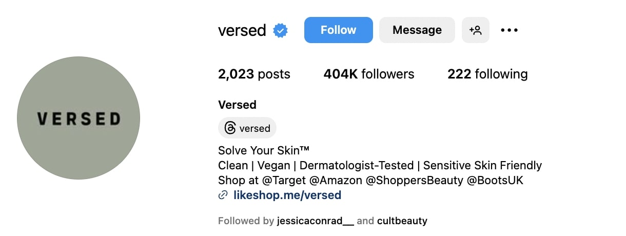 Instagram bio for Versed that reads "Solve Your Skin" with a trademark symbol and keywords like "clean," "vegan," "dermatologist-tested," and "sensitive skin friendly"