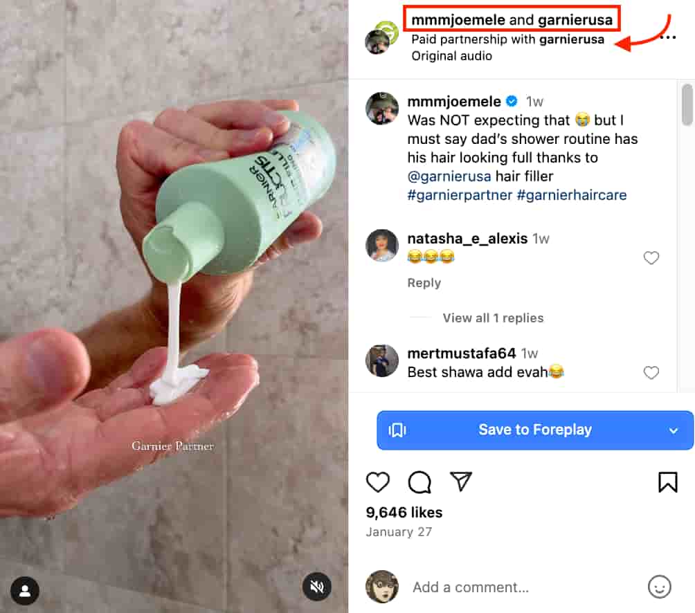 Instagram collab post between Garnier and Joe Mele with a paid partnership tag and featuring a hand pouring a bottle of Garnier product into another hand 