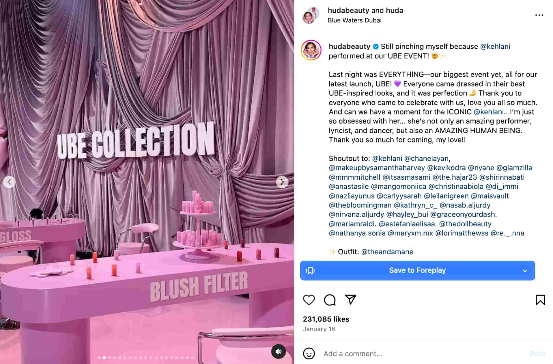 carousel post from Huda Beauty with multiple slides and one image showing an event setup with purple furnishing and curtains and "Ube Collection" displayed as a banner