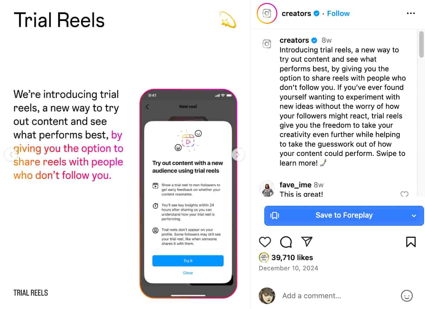 Instagram post on the Instagram Creators official account with a screenshot of the feature and some text beside it saying "we're introducing trail reels, a new way to try out content and see what performs best, by giving you the option to share reels with people who don't follow you"