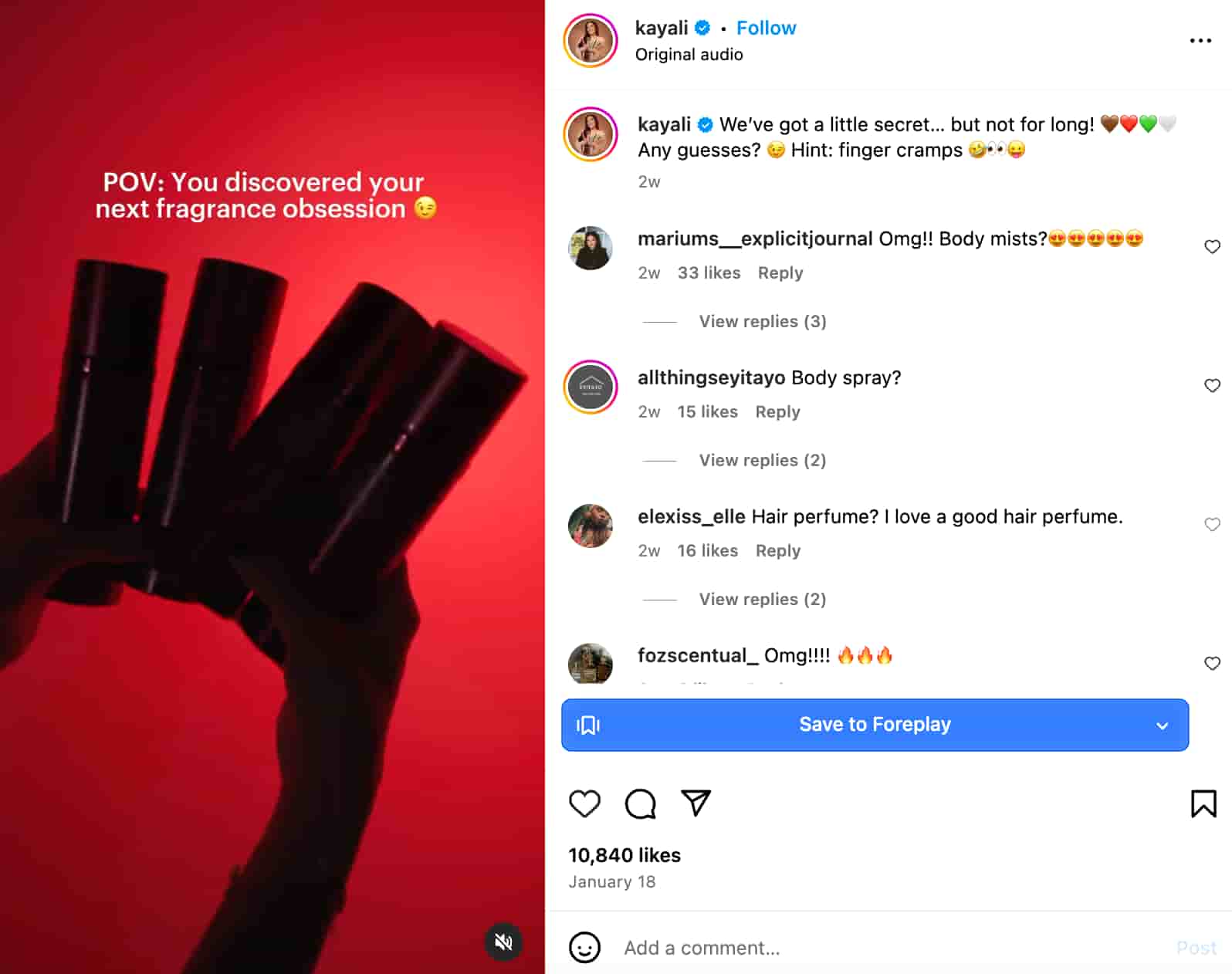 Instagram Reel from Kayali Fragrances showing a silhouette of a hand holding several tall containers against a red backdrop and text overlay that reads "POV: You discovered your next fragrance obsession"