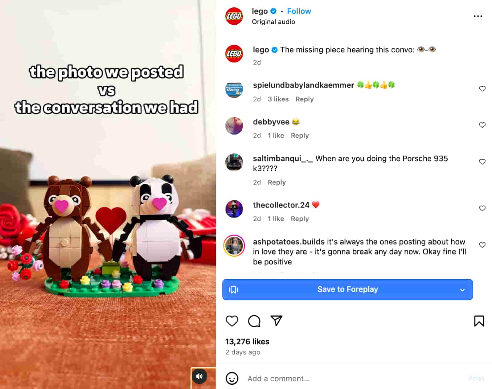 Instagram Reel from Lego showing two Lego bear figures and text overlay that reads "the photo we posted vs the conversation we had"
