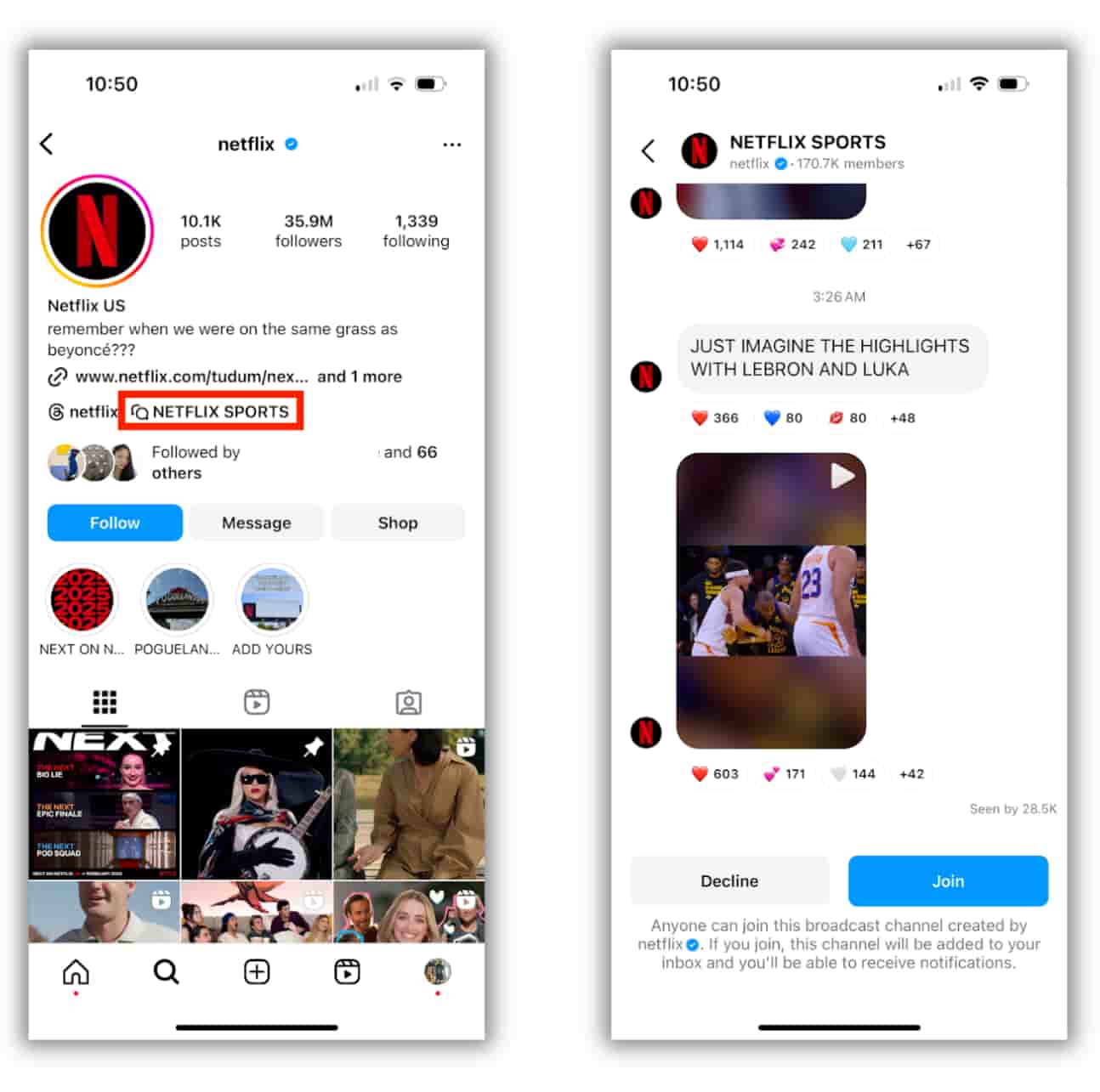 two image panels with the first one showing the Netflix Instagram page and a red rectangle highlighting the Netflix Sports broadcast button and the second panel showing messages and videos shared to the channel