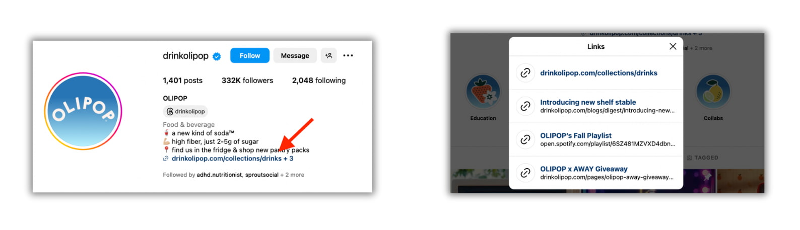 two image panels with the first one showing the Instagram bio section for OLIPOP and a red arrow pointing to the link section and the second panel showing four rows of links posted by the brand