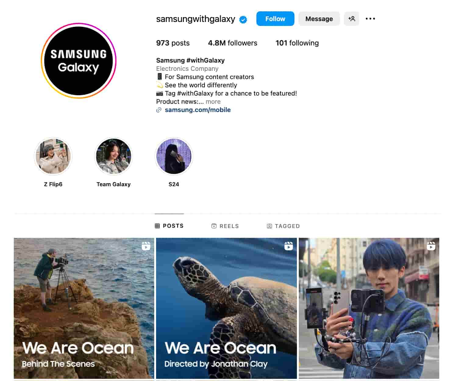 Samsung's With Galaxy Instagram account showing a grid with videos shot using the product