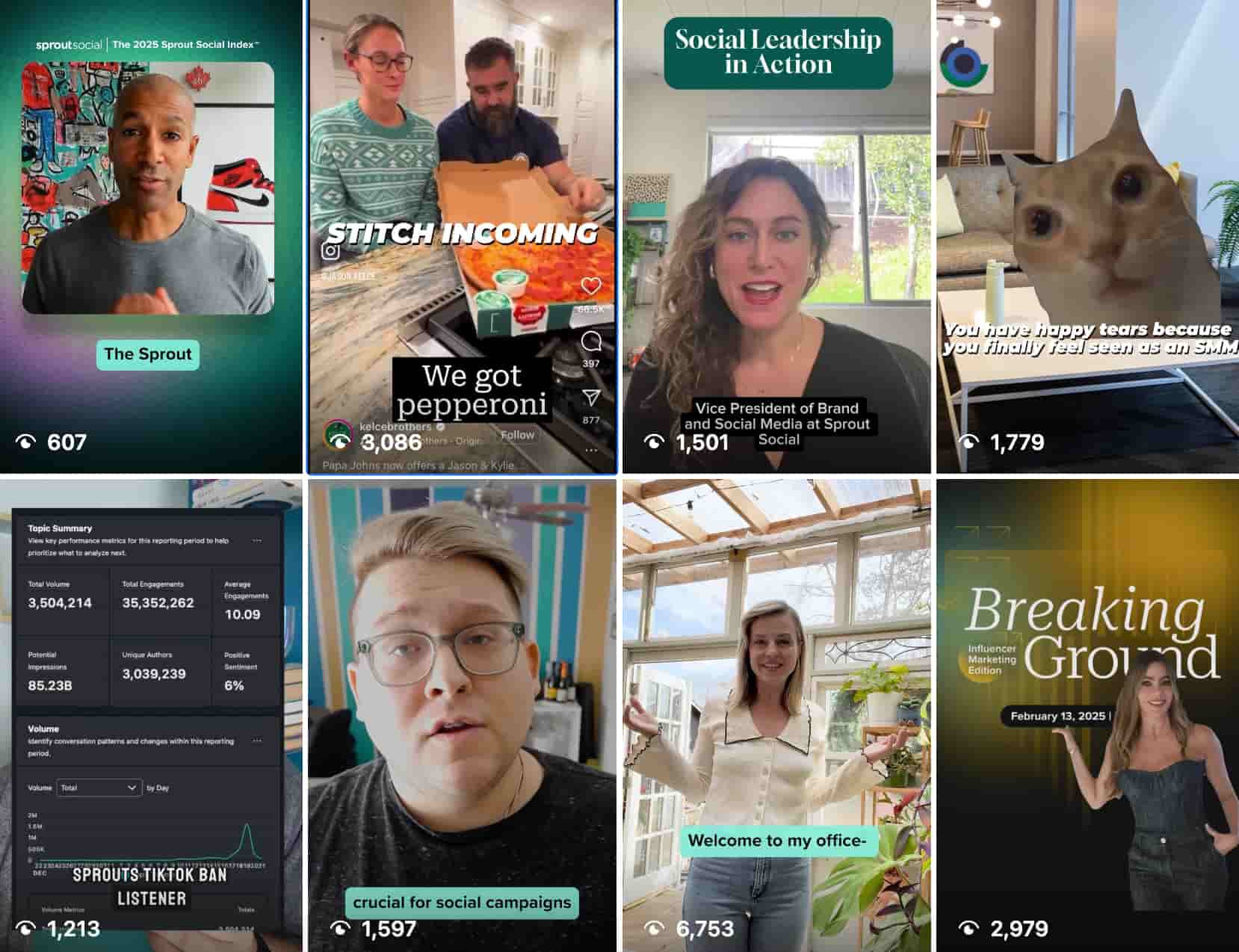 eight panels from Sprout Social's Instagram Reels grid showing our social media managers talking to the camera