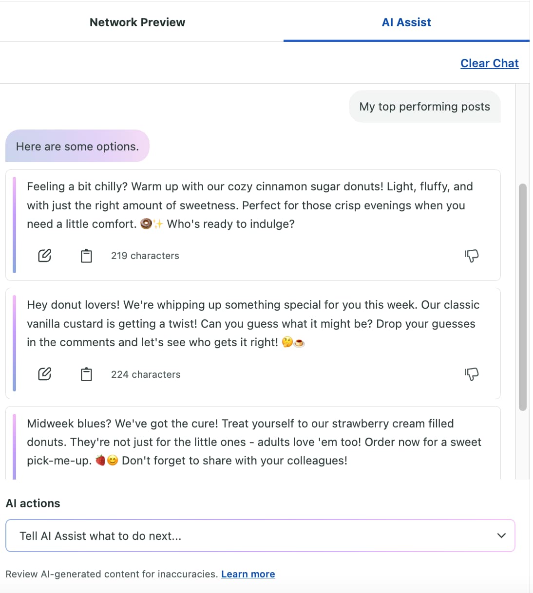 AI Assist feature in Sprout Social with three different post options generated from top-performing posts