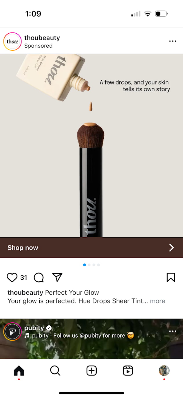 Instagram ad from Thou Beauty showing a bottle of foundation being poured on a makeup brush