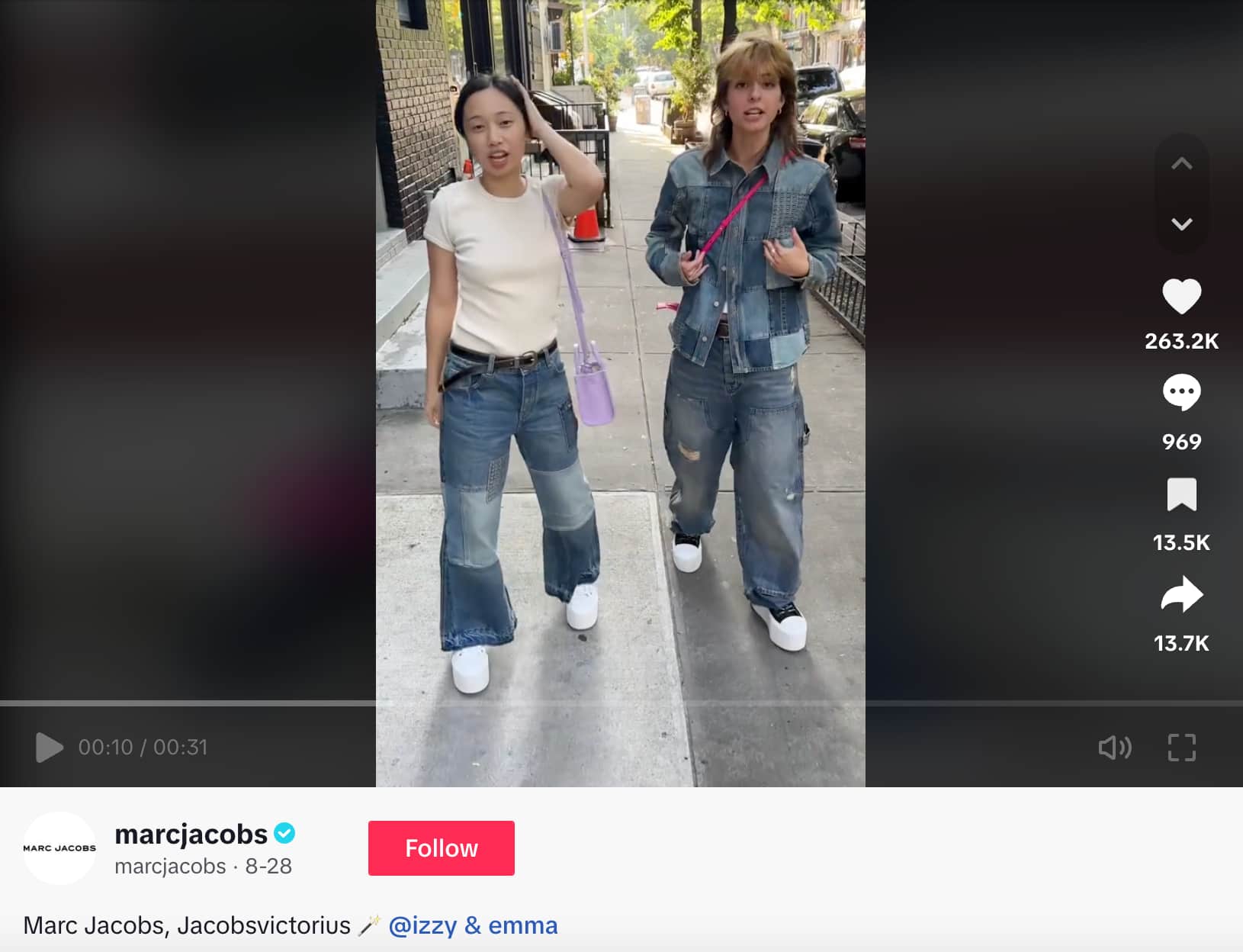 A Marc Jacobs TikTok featuring creators @IzzyAndEmma being interviewed about their looks on the street