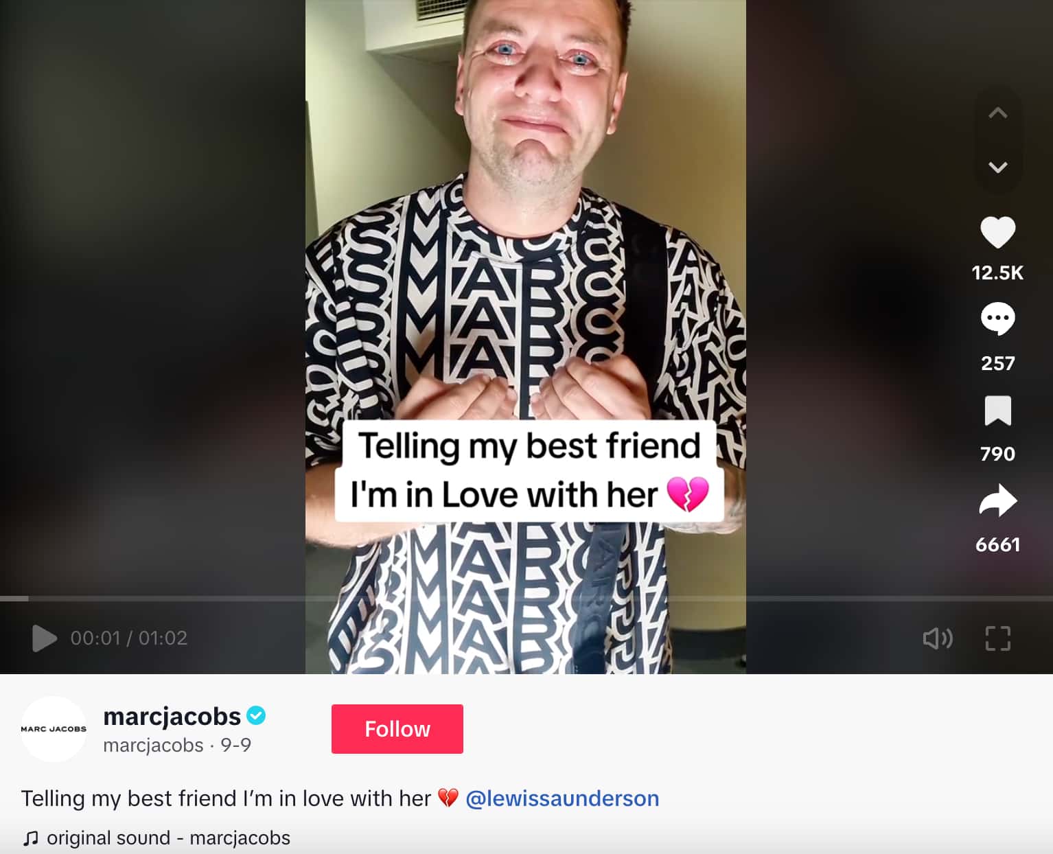 A TikTok from Marc Jacobs featuring creator Lewis Saunderson telling his best friend he's in love with her