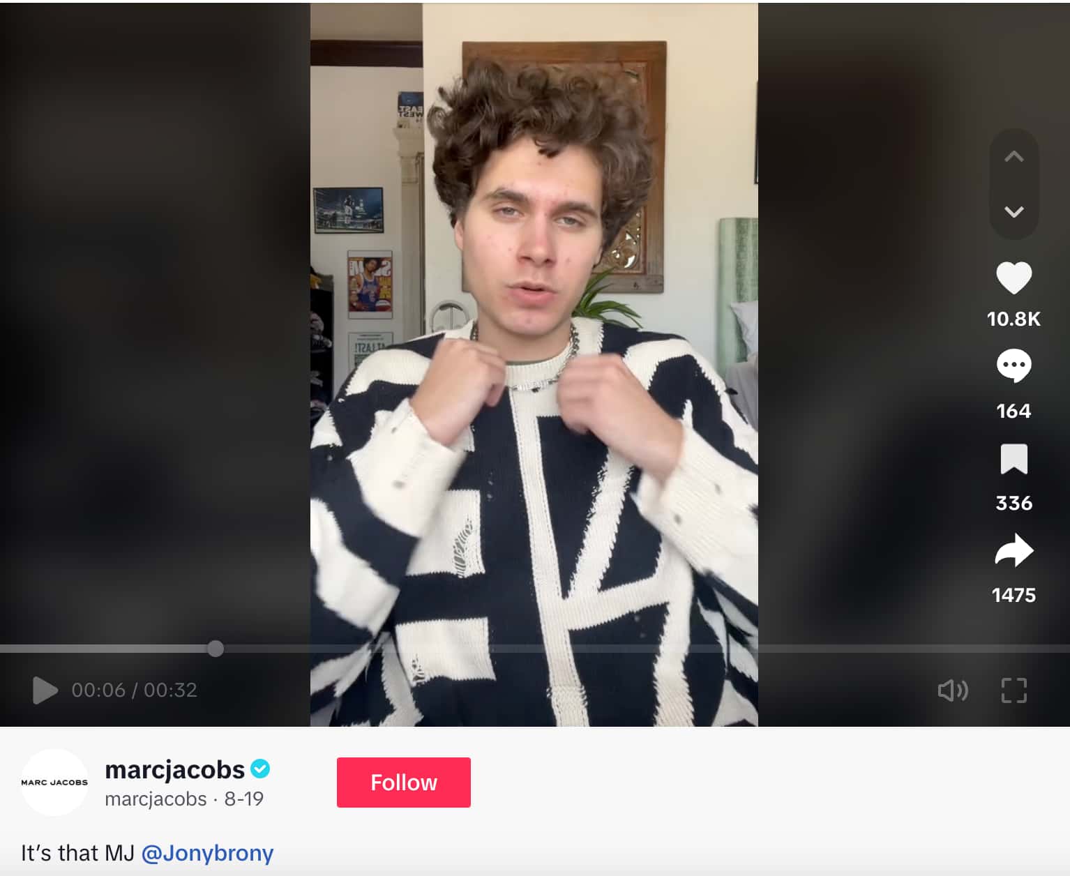 A Marc Jacobs TikTok featuring creator @JonyBrony reacting to being asked about his outfit