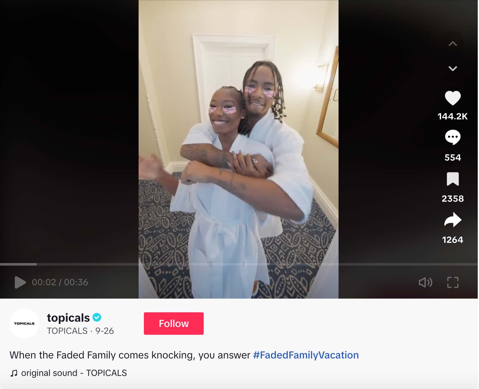 A TikTok from Topicals which showcases creators knocking on the door of the hotel room from their #FadedFamilyVacation campaign