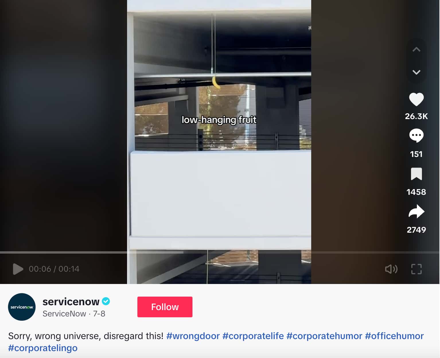 A TikTok from ServiceNow where they literally interpreted cringy corporate lingo, like low-hanging fruit
