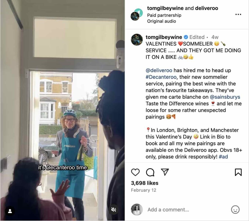 An Instagram Reel from Tom Gilbey about his partnership with Deliveroo and their Valentine's Sommelier Service contest 