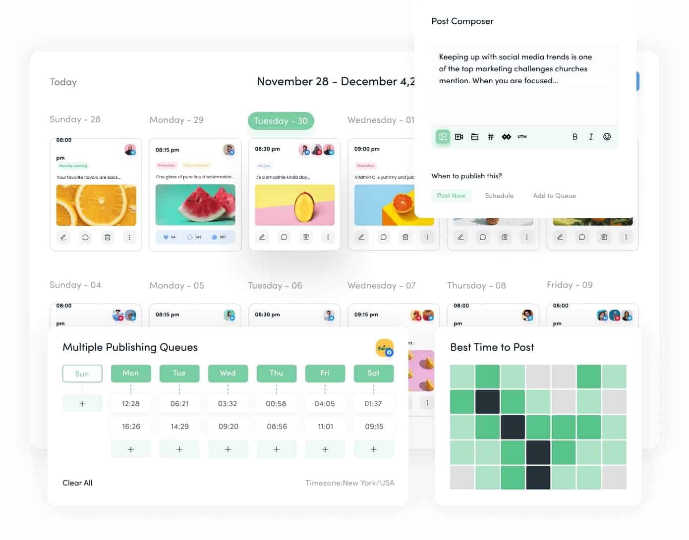 contentstudio visual content calendar with post composer, publishing queues and best time to post windows