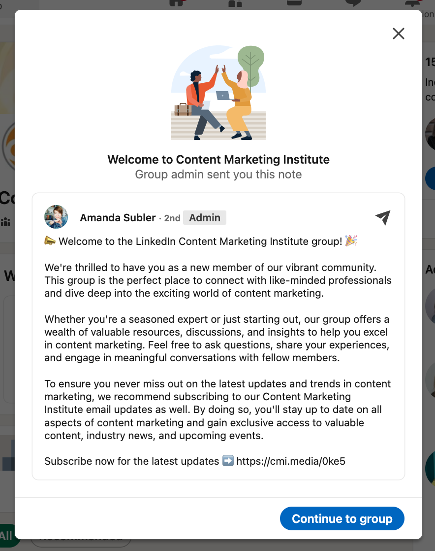 An example of a welcome message in Content Marketing Institute's LinkedIn Group