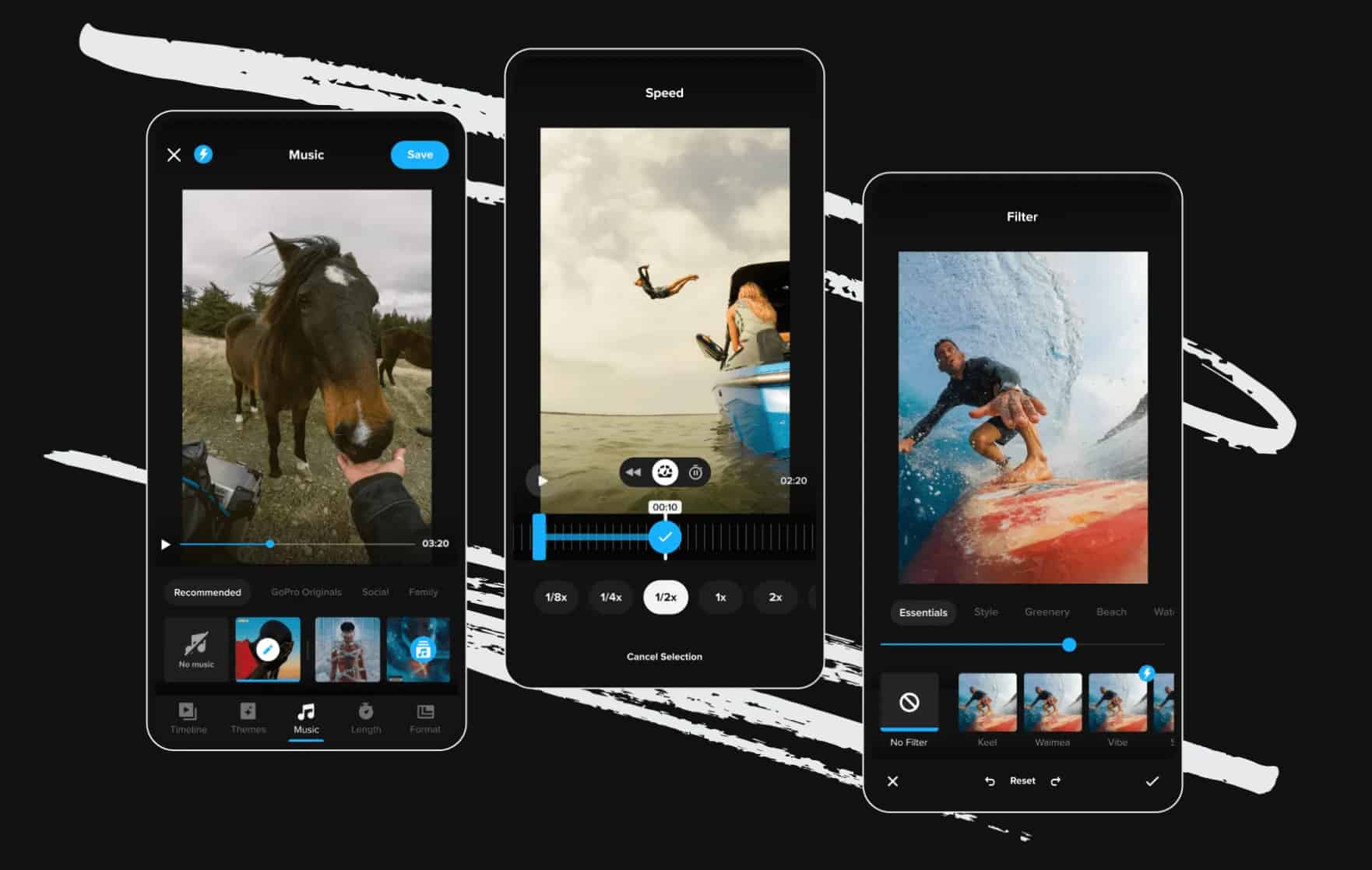 three panels with the first one showing a person holding a horse's face and a bunch of music track options below the video, the second panel showing a picture of a man jumping off a boat and speed controls below, the third panel showing a man surfing and a bunch of filters below the image