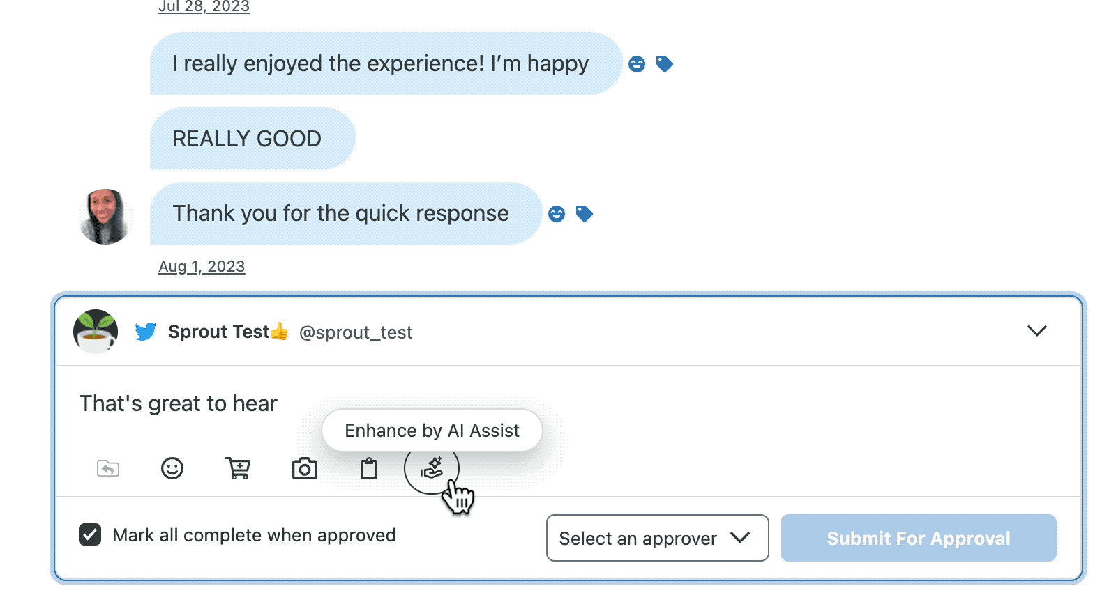 A GIF showing the Enhance by AI Assist feature in use, transforming the tone of a social media message from professional to friendly.