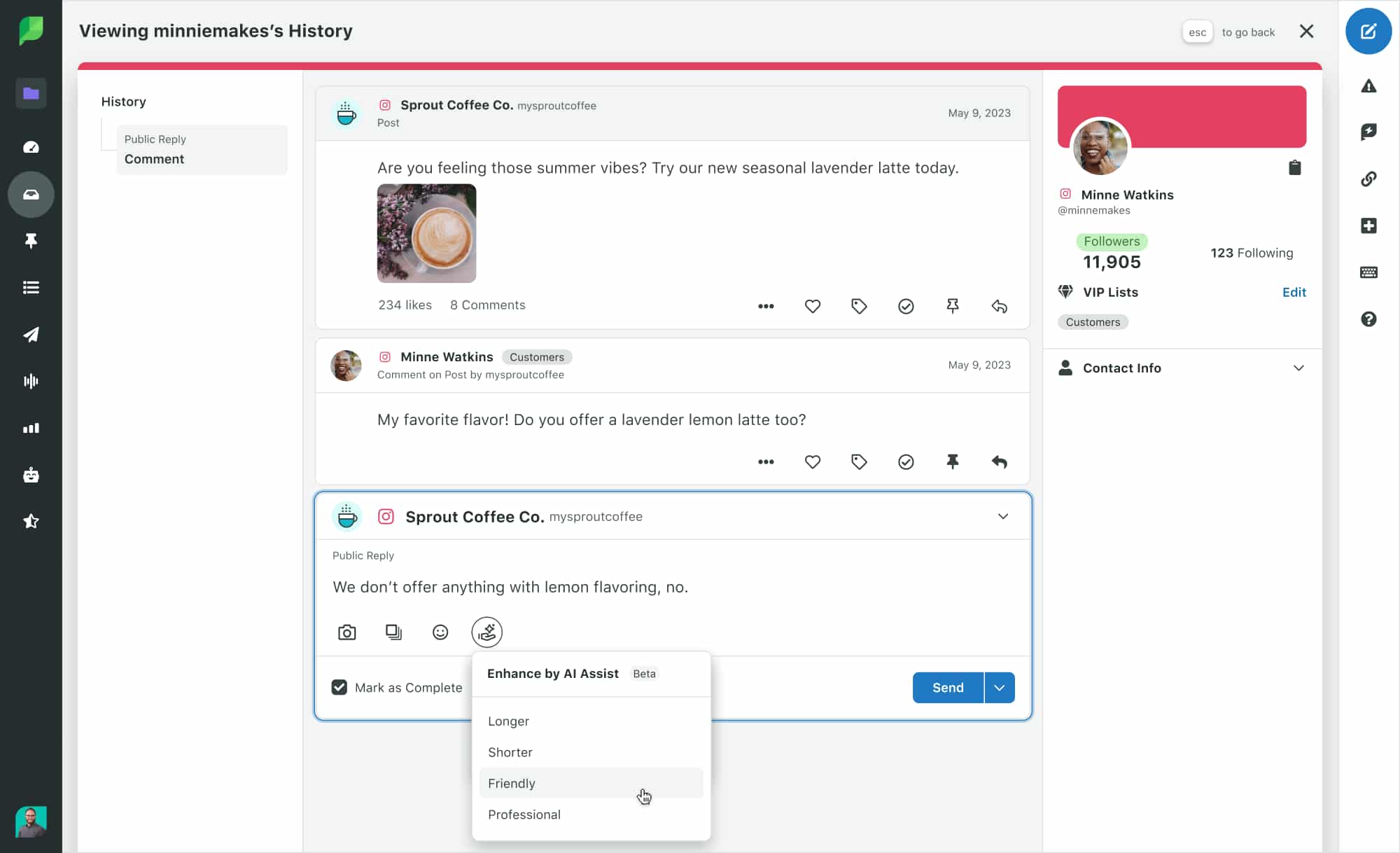 Sprout Social conversation window showing a sample response in the compose window with a drop-down menu showing the different options to optimize the response using Enhance by AI Assist